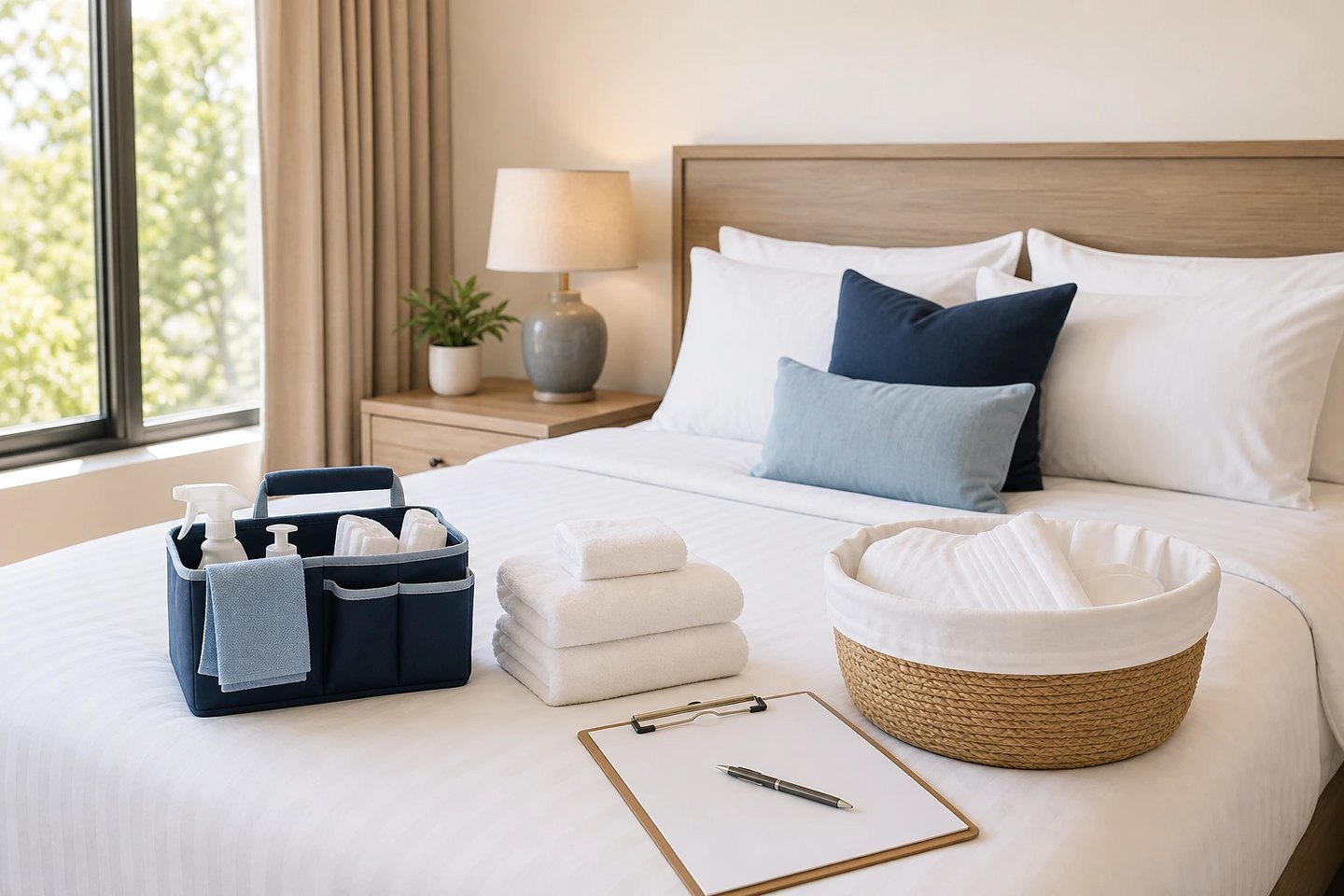 Bedroom prepared for guests with fresh linens, towels and a turnover caddy