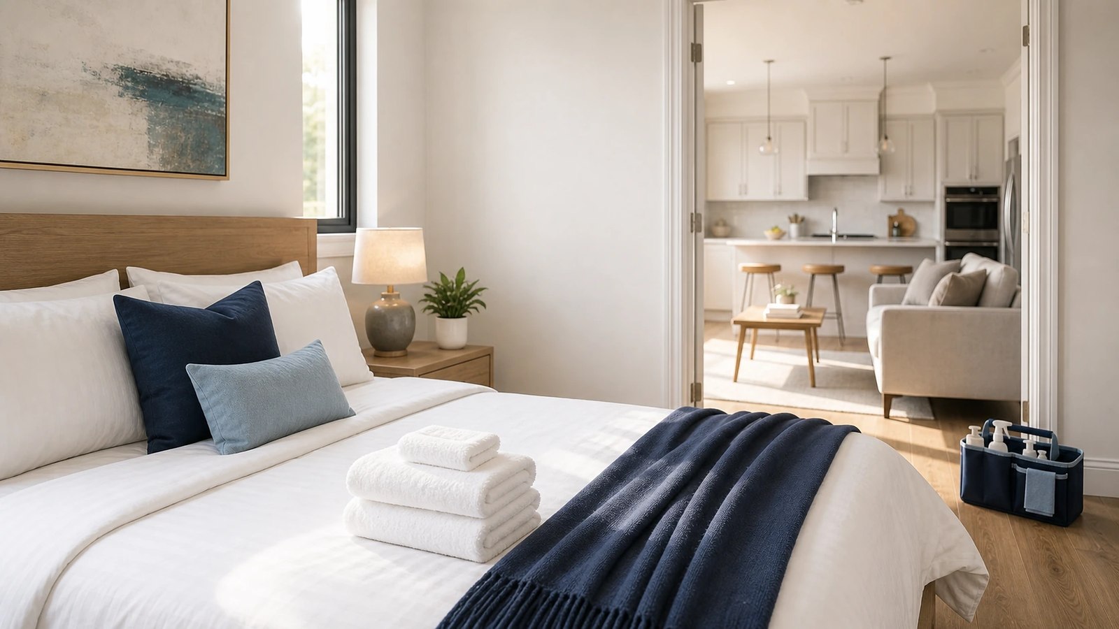 Bright GTA condo bedroom prepared for guests with crisp linens, folded towels and a cleaning caddy